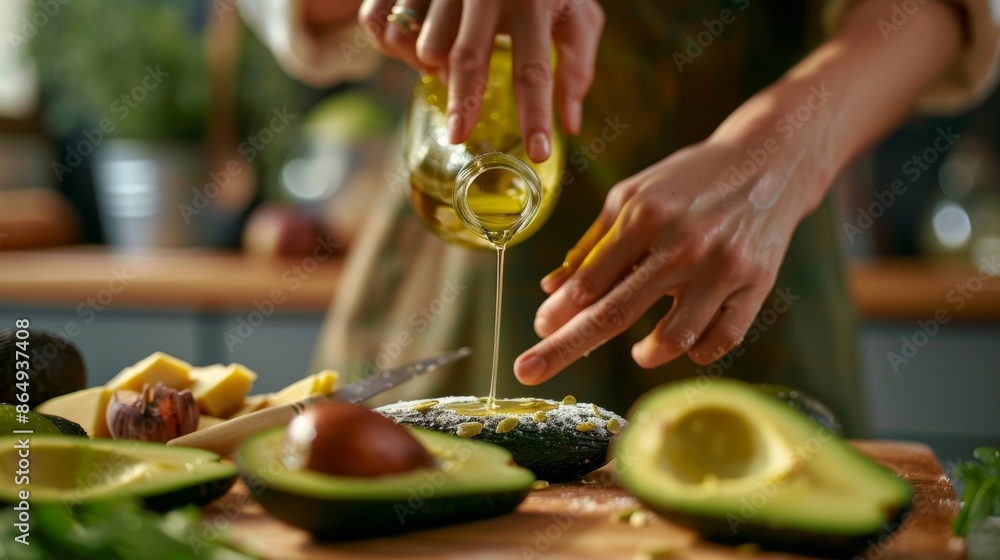 Poster a person using avocado oil as a substitute for butter in baking reducing the amount of unhealthy fat