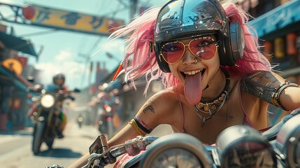 Smile women riding future motorcycle wearing punk costume and helmet. tongue sticking out