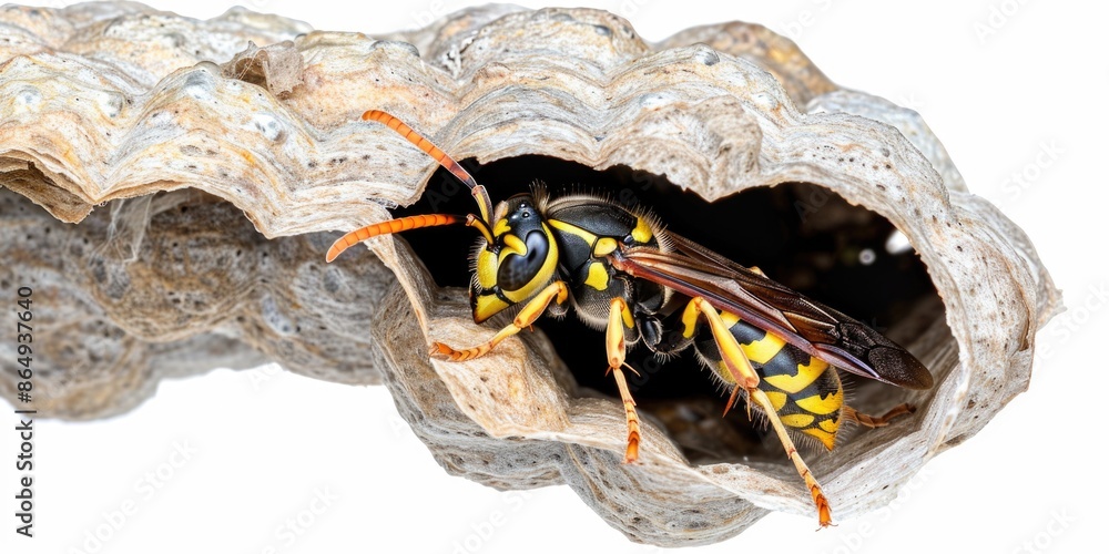 Poster A yellow and black wasp sits inside its nest, surrounded by eggs and larvae