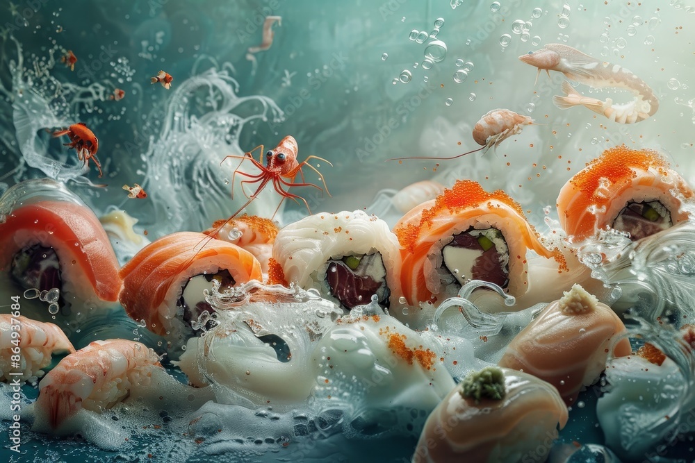 Poster a group of sushi rolls floating in the water creating a surreal and dreamlike scene, a surreal and d