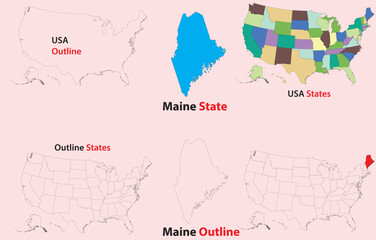 Obraz premium Maine map vector of usa, Maine line map, Maine with city map, Maine outline map