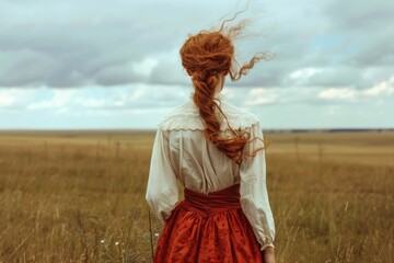 Obraz premium A woman with vibrant red hair stands in a lush green field, surrounded by nature