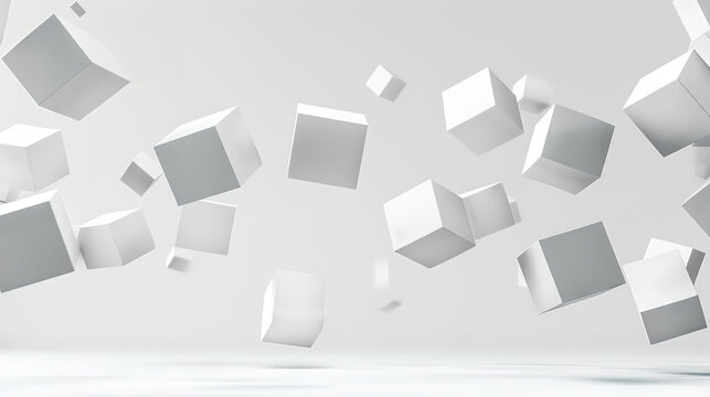 Abstract 3D cubes floating in mid-air against a clean white background, creating a modern and minimalist geometric pattern.