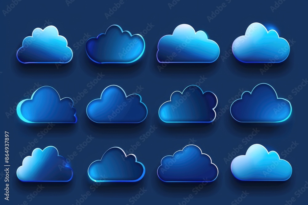 Poster a set of blue clouds against a dark blue background, suitable for use in design and illustration pro