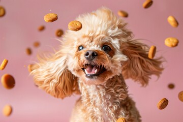 Happy toy poodle catching floating treats on pink background