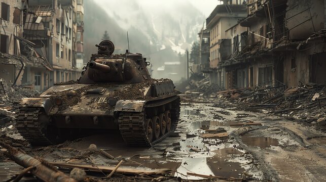 Armored tank in a devastated city street with destroyed buildings and rubble, symbolizing war and destruction.
