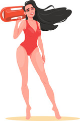  lifeguard girl in the red beach suit.