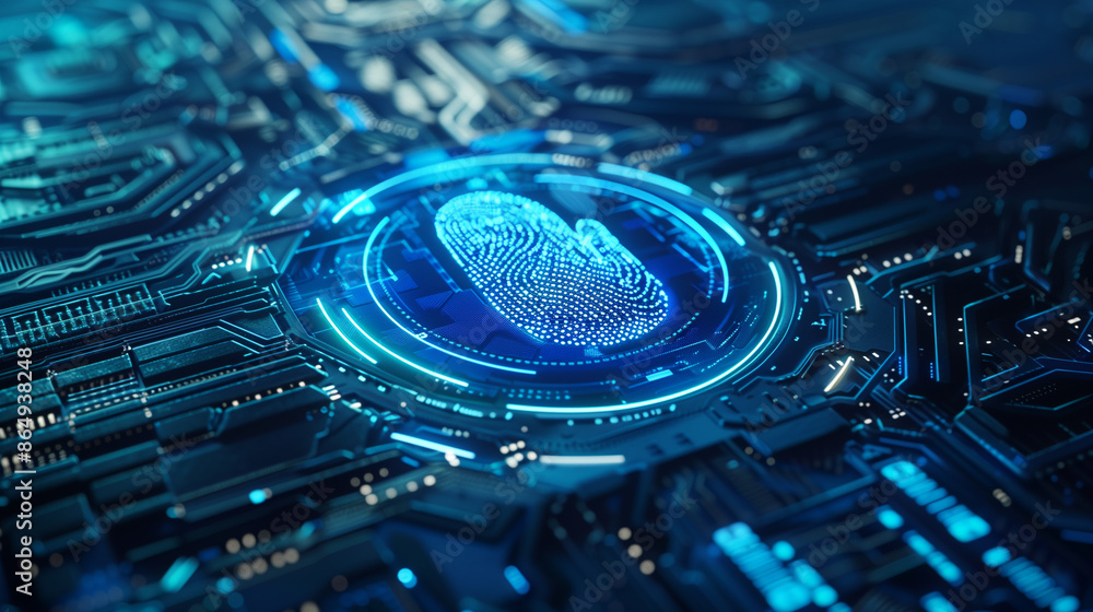 Poster futuristic cyber security technology linked with fingerprint authentication digital data protection 
