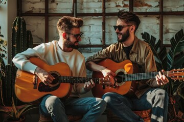 Two musicians sit together, strumming their guitars in a casual setting