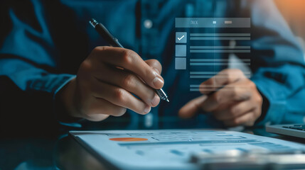 Close-up of a professional working on financial documents with a pen and futuristic digital interface overlays in an office setting.