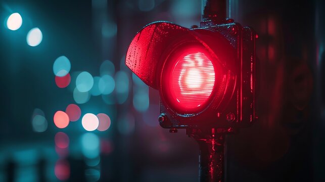 Close-up of a red traffic light at night with blurred city lights in the background, capturing an urban scene with a moody atmosphere.