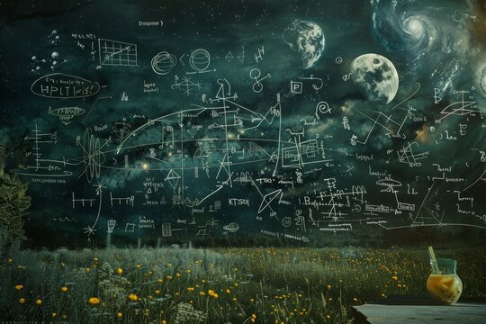 Field of Mathematics: A Surreal Landscape, A surreal blackboard landscape with floating mathematical symbols and symbols - Powered by Adobe