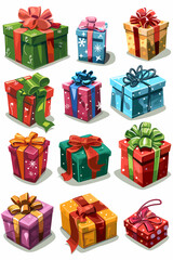 Assortment of colorful gift boxes or Christmas presents with ribbons and bows