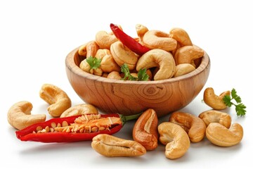 Fototapeta premium A wooden bowl filled with cashews and chili, perfect for snacking or serving as a gift