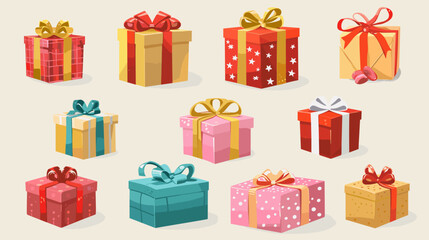 Assortment of colorful gift boxes or Christmas presents with ribbons and bows