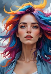 Fototapeta premium A woman with colorful hair stairing at the sun..