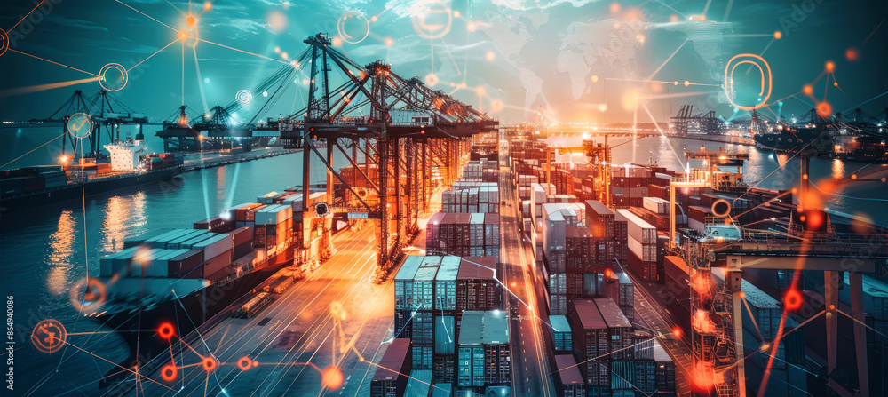 Poster a cargo ship in a busy port, with cranes loading and unloading containers