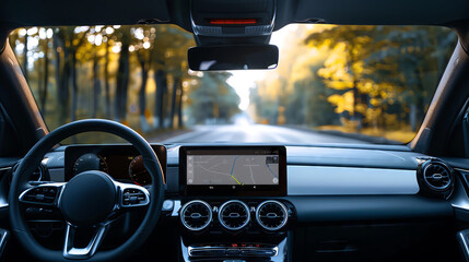 empty screen blank display of car dashboard smartphone mobile holder using navigation gps maps system concept with HUD and hologram screens and infotainment app user interface wide