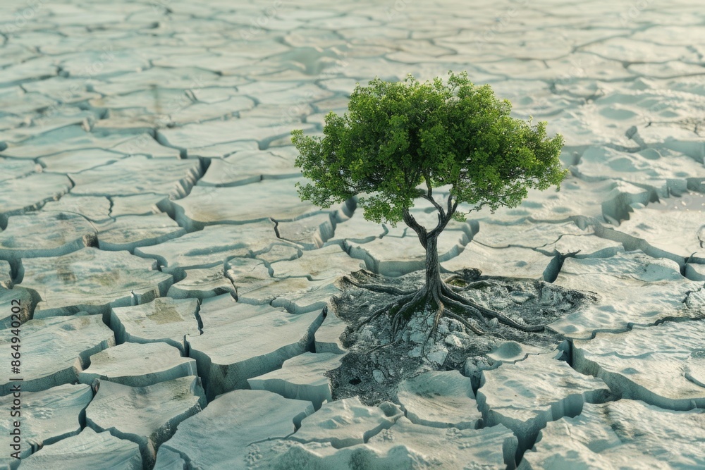 Poster a single tree grows out of a crack in the desert floor, surrounded by sand and rock
