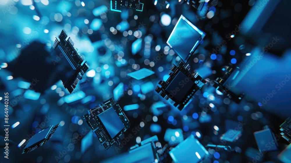 Poster a collection of electronic devices suspended in mid-air without visible support