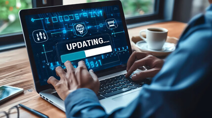 Person operating laptop with updating system progress on screen, technology and software development concept.