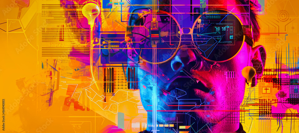 Poster a vibrant collage featuring a face in the center, surrounded by colorful abstract patterns and digit