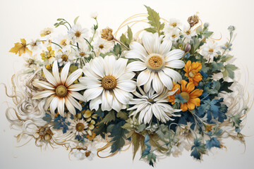 Obraz premium Vibrant Bouquet of Colorful Flowers on White Background, Beautiful Floral Painting