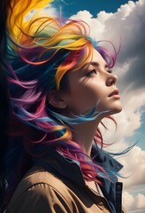 Fototapeta premium A woman with colorful hair stairing at the sun..