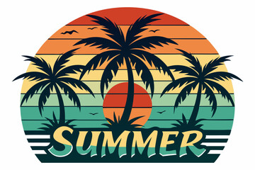 Naklejka premium Summer t-shirt design. Retro and vintage summer vibes t-shirt design with palm tree, sea beach, and sunset vector illustration