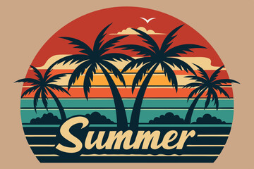 Summer t-shirt design. Retro and vintage summer vibes t-shirt design with palm tree, sea beach, and sunset vector illustration