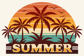 Summer t-shirt design. Retro and vintage summer vibes t-shirt design with palm tree, sea beach, and sunset vector illustration