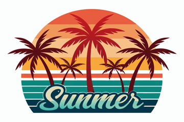 Summer t-shirt design. Retro and vintage summer vibes t-shirt design with palm tree, sea beach, and sunset vector illustration