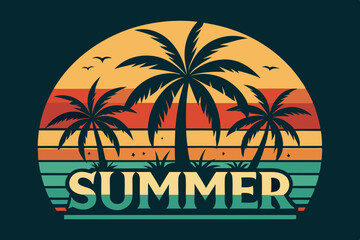 Summer t-shirt design. Retro and vintage summer vibes t-shirt design with palm tree, sea beach, and sunset vector illustration