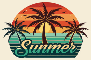 Summer t-shirt design. Retro and vintage summer vibes t-shirt design with palm tree, sea beach, and sunset vector illustration