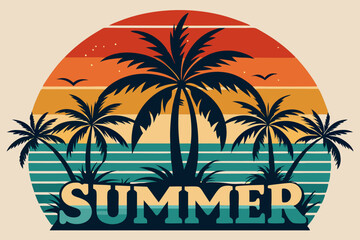 Naklejka premium Summer t-shirt design. Retro and vintage summer vibes t-shirt design with palm tree, sea beach, and sunset vector illustration