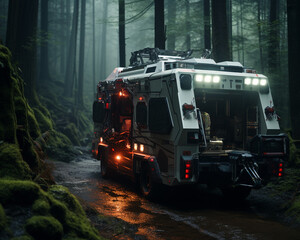 High-tech ambulance in dense forest, equipped for telemedicine, futuristic scene, telemedicine ambulance forest, advanced medical response