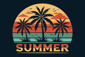 Naklejka premium Summer t-shirt design. Retro and vintage summer vibes t-shirt design with palm tree, sea beach, and sunset vector illustration