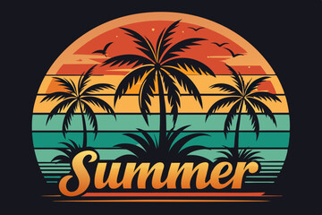 Summer t-shirt design. Retro and vintage summer vibes t-shirt design with palm tree, sea beach, and sunset vector illustration