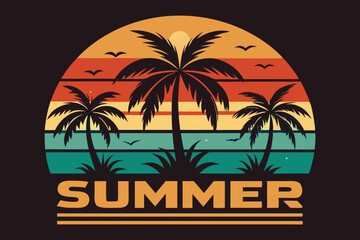 Summer t-shirt design. Retro and vintage summer vibes t-shirt design with palm tree, sea beach, and sunset vector illustration
