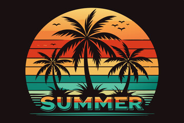 Summer t-shirt design. Retro and vintage summer vibes t-shirt design with palm tree, sea beach, and sunset vector illustration
