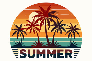 Summer t-shirt design. Retro and vintage summer vibes t-shirt design with palm tree, sea beach, and sunset vector illustration