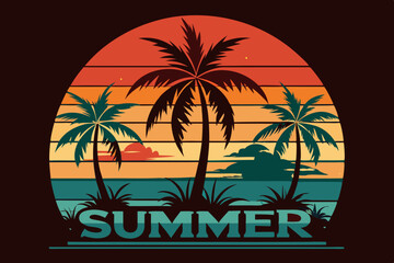Summer t-shirt design. Retro and vintage summer vibes t-shirt design with palm tree, sea beach, and sunset vector illustration