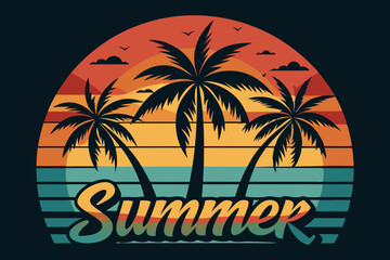 Summer t-shirt design. Retro and vintage summer vibes t-shirt design with palm tree, sea beach, and sunset vector illustration