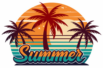 Summer t-shirt design. Retro and vintage summer vibes t-shirt design with palm tree, sea beach, and sunset vector illustration