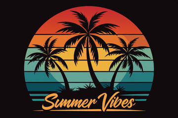 Summer t-shirt design. Retro and vintage summer vibes t-shirt design with palm tree, sea beach, and sunset vector illustration