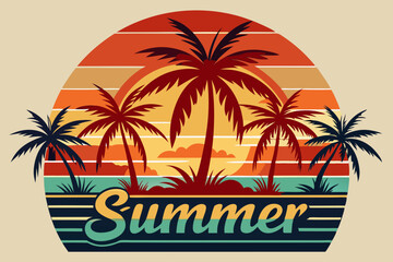 Summer t-shirt design. Retro and vintage summer vibes t-shirt design with palm tree, sea beach, and sunset vector illustration