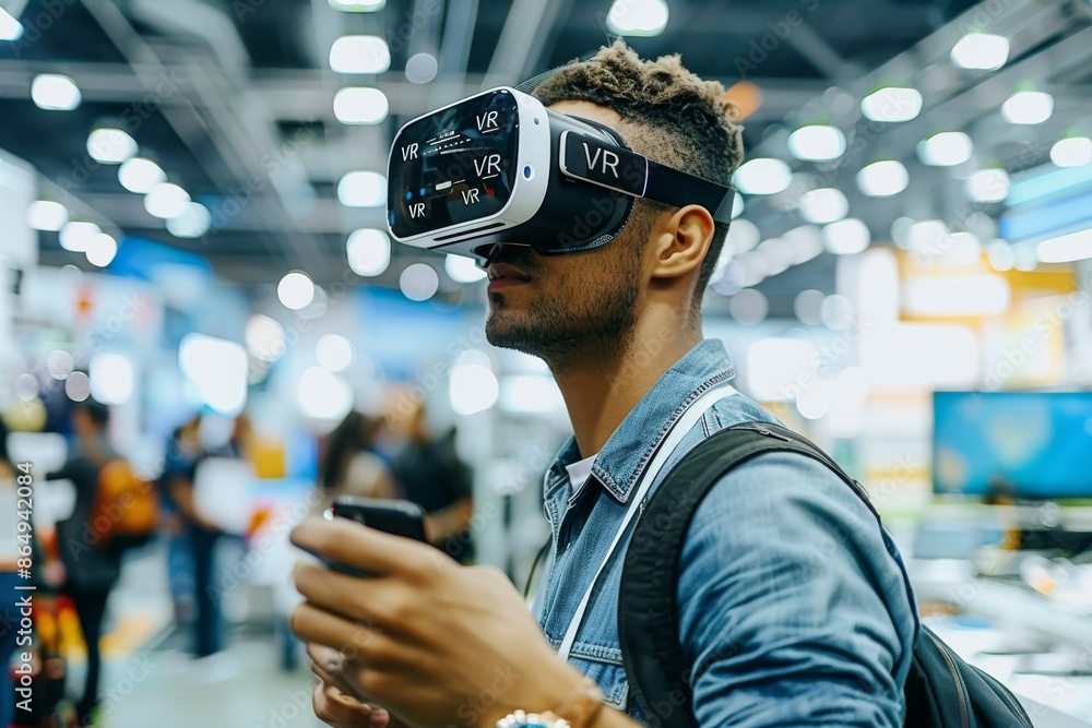 Poster man using vr headset at a tech expo, showcasing the latest in virtual reality technology and interac