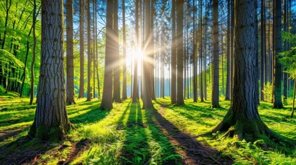 Obraz premium Serene sunrise in a lush forest with vibrant green foliage