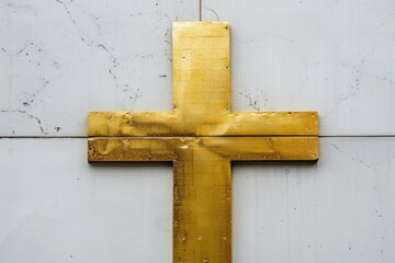 A single yellow cross painted on a plain white wall, often used as a symbol of remembrance or memorial