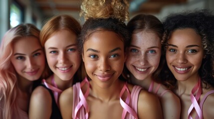 Fototapeta premium Group of women from various backgrounds wearing pink ribbons Join together for Breast Cancer Awareness Month.